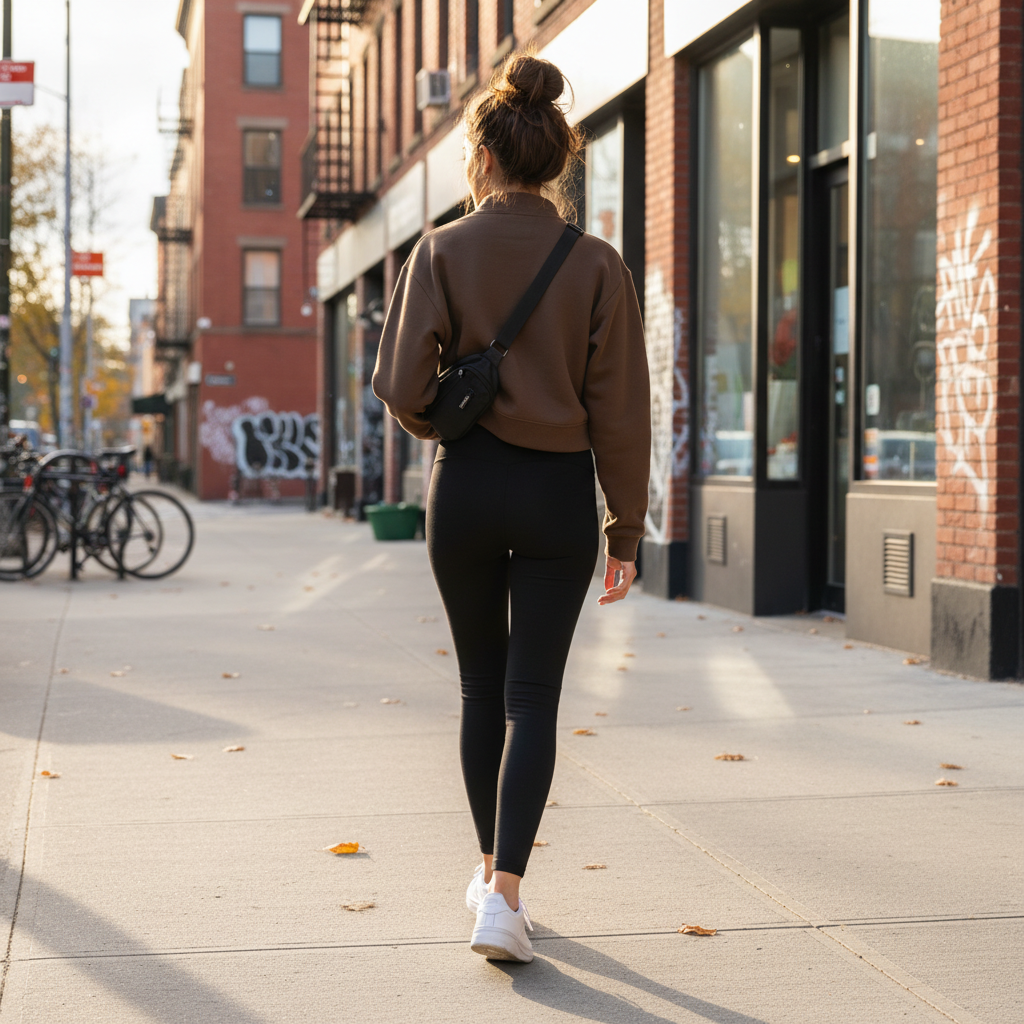 Urban Fashion & Streetwear | Craftklart oversized brown mock-neck fleece sweatshirt worn with black leggings on a city street