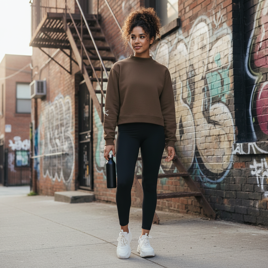 Urban Fashion & Streetwear | Craftklart brown oversized fleece mock-neck sweatshirt worn by a woman in an urban setting.