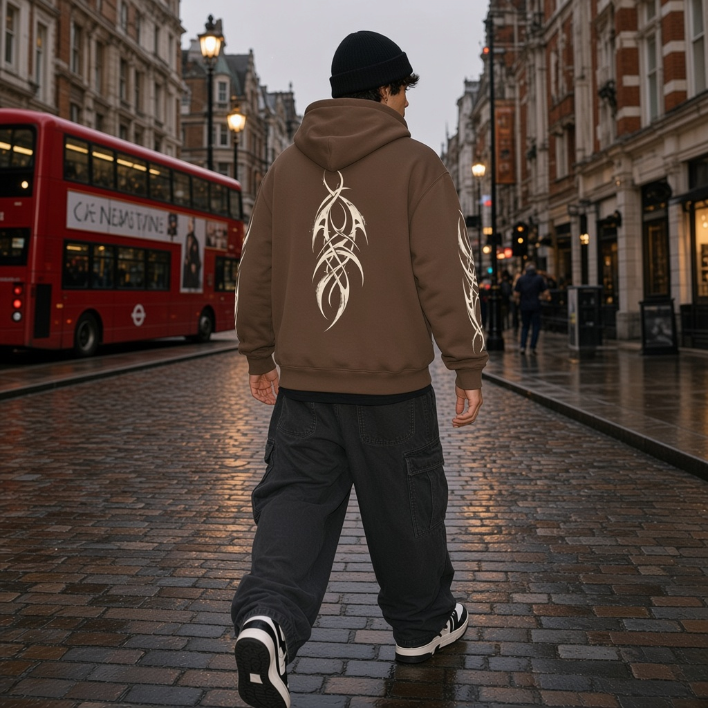 Urban Fashion & Streetwear | Craftklart brown heavyweight hoodie with tribal back graphic worn by a man in London