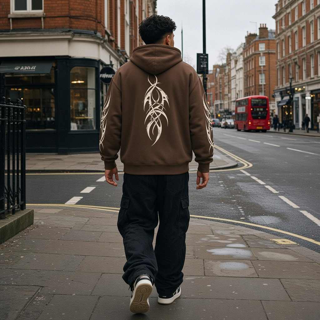 Urban Fashion & Streetwear | Craftklart brown heavyweight hoodie with white tribal sleeve and back graphic on a man