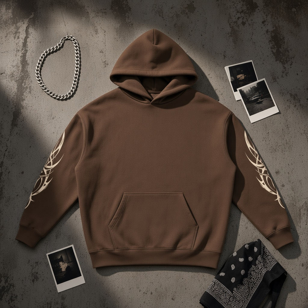 Urban Fashion & Streetwear | Craftklart brown heavyweight pullover hoodie with tribal sleeve graphics and hood