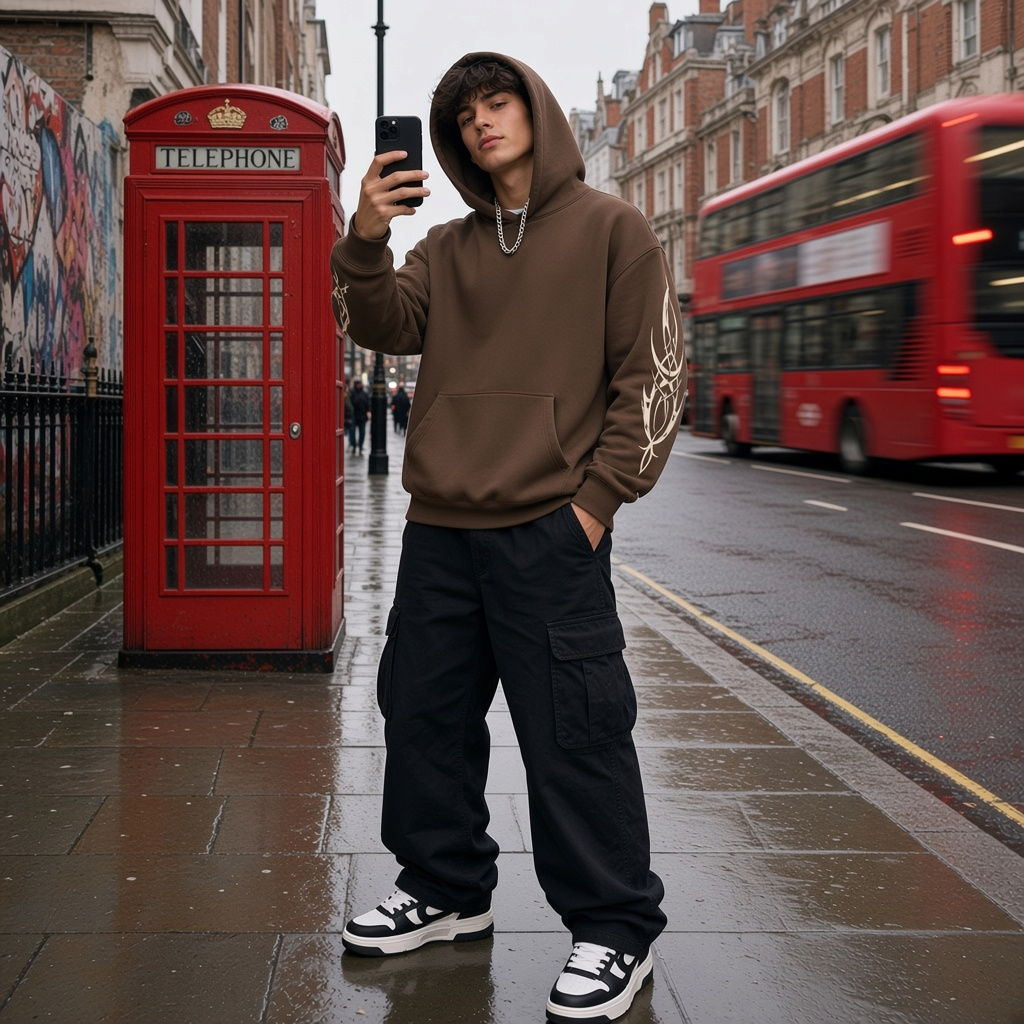 Urban Fashion & Streetwear | Craftklart brown heavyweight hoodie with tribal sleeve graphics on a man in London