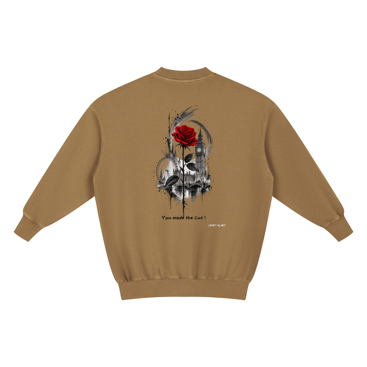 Back view of Urban Fashion & Streetwear | Craftklart oversized brown sweatshirt with London cityscape and red rose