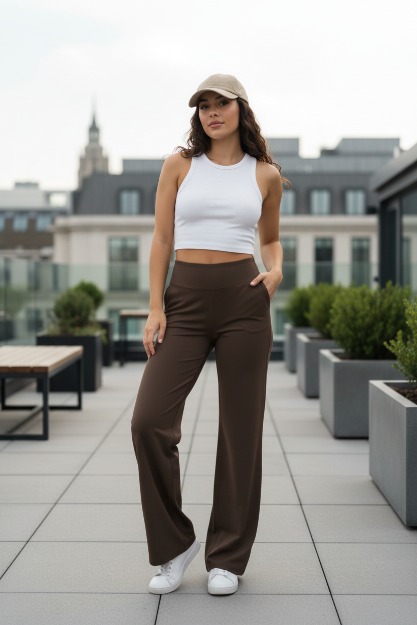 A woman wearing Urban Fashion & Streetwear | Craftklart high rise brown yoga pants and a white tank top on a rooftop.