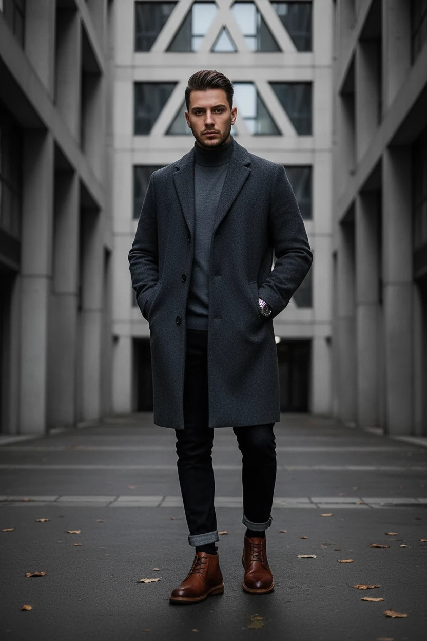Urban Fashion & Streetwear | Craftklart brown leather lace-up work boots worn by a man in a grey coat and jeans.