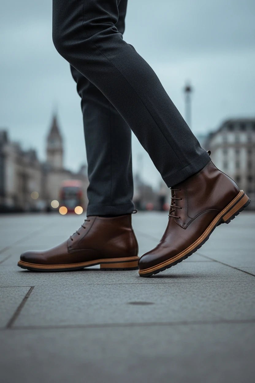 Urban Fashion & Streetwear | Craftklart dark brown leather lace-up boots worn by a man on a city street.