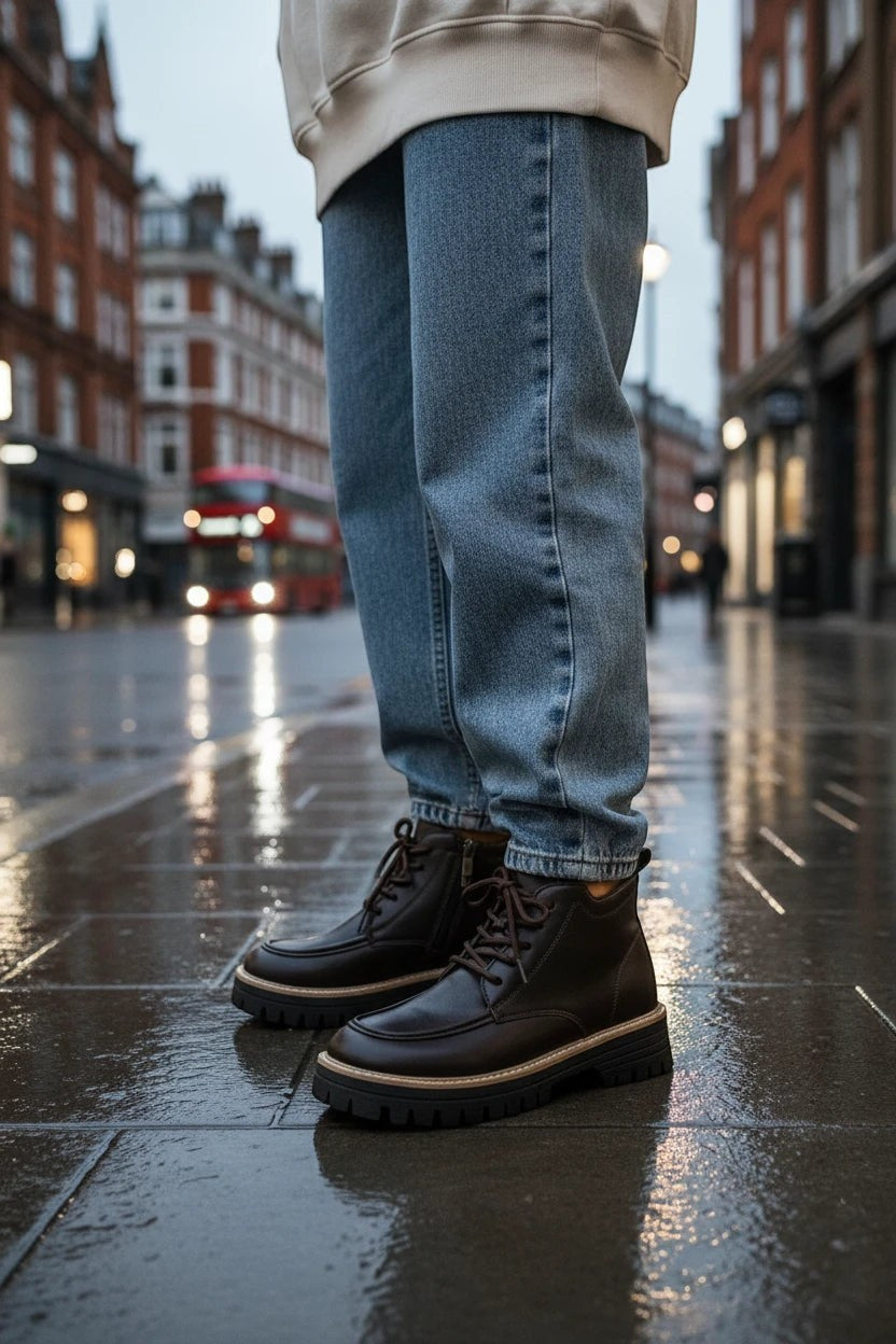 Urban Fashion & Streetwear | Craftklart dark brown leather lug sole lace-up ankle boots worn with blue jeans on street