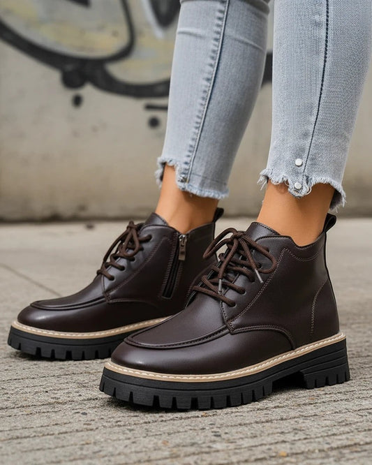 Urban Fashion & Streetwear | Craftklart dark brown lace-up ankle boots with chunky lug soles and side zippers.