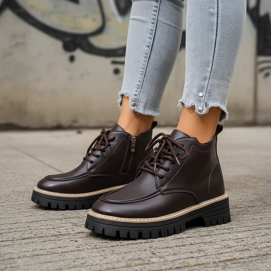 Urban Fashion & Streetwear | Craftklart dark brown lace-up ankle boots with chunky lug soles and side zippers.