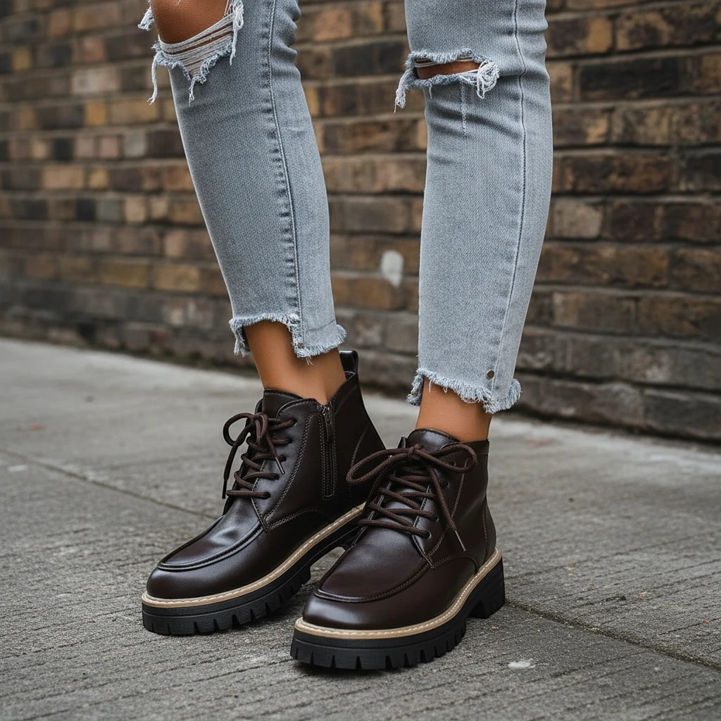 Urban Fashion & Streetwear | Craftklart dark brown lace-up ankle boots with chunky lug soles worn with ripped jeans