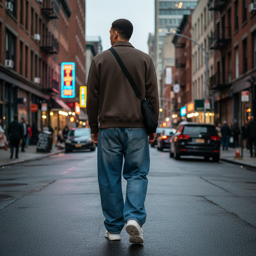 Urban Fashion & Streetwear | Craftklart brown quarter-zip sweatshirt with a boxy fit worn by a man on a city street.
