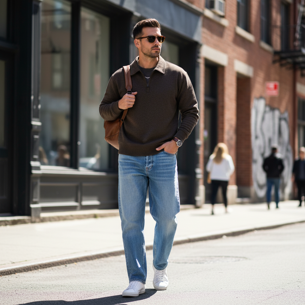 A man wearing a brown quarter-zip sweatshirt by Urban Fashion & Streetwear | Craftklart, paired with blue jeans.