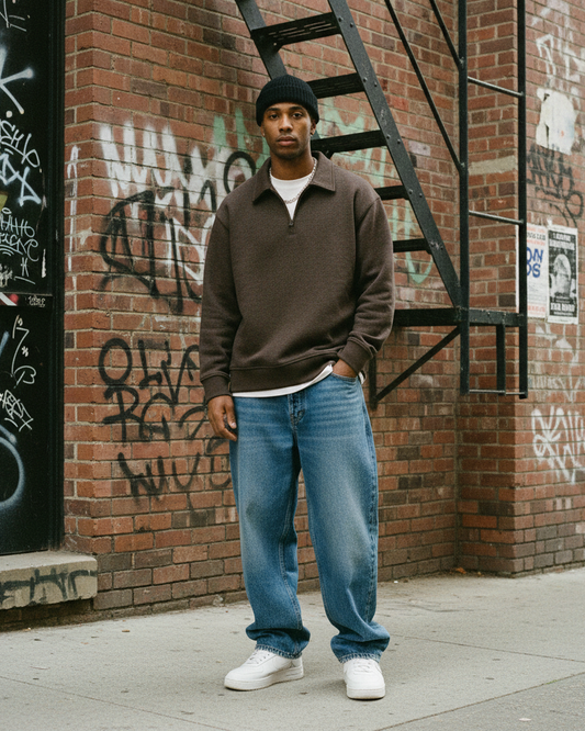 A model wearing a brown quarter-zip sweatshirt, blue jeans, and white sneakers against a graffiti-covered brick wall.