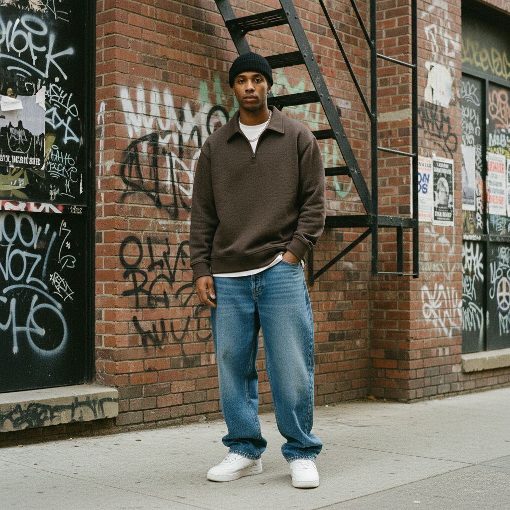 A model wearing a brown quarter-zip sweatshirt, blue jeans, and white sneakers against a graffiti-covered brick wall.