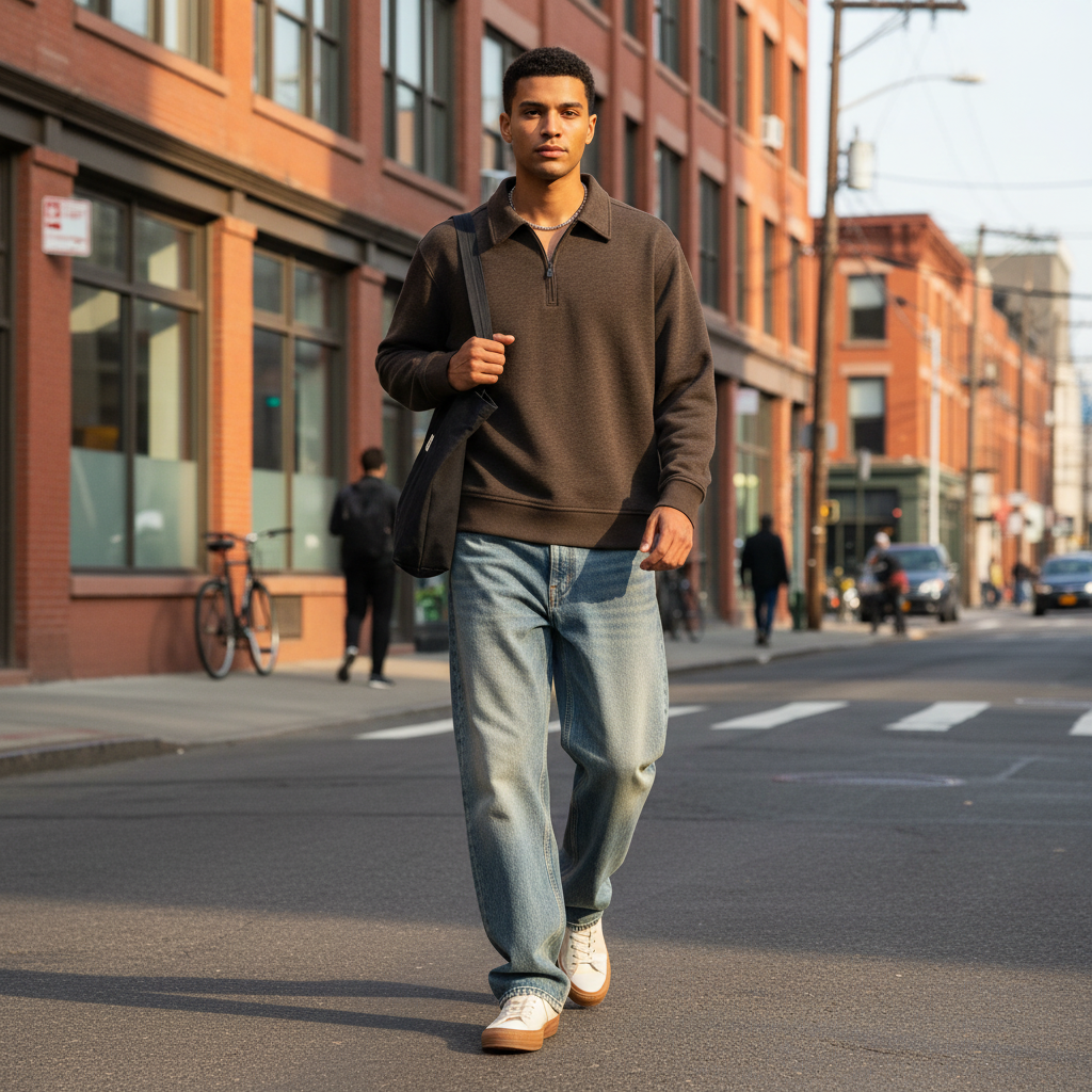 Urban Fashion & Streetwear | Craftklart model wearing a brown boxy quarter-zip sweatshirt and blue jeans on a city street