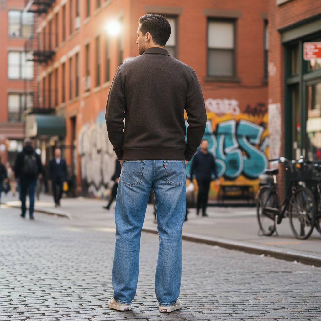Urban Fashion & Streetwear | Craftklart brown quarter-zip sweatshirt with a boxy fit, worn with blue jeans on a city street.