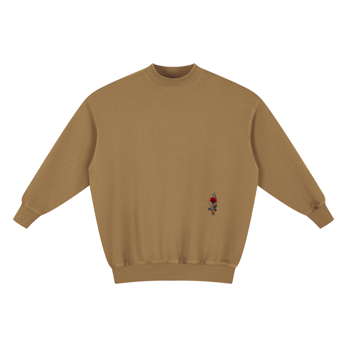 Urban Fashion & Streetwear | Craftklart brown vintage wash crewneck sweatshirt with a small red rose detail on front