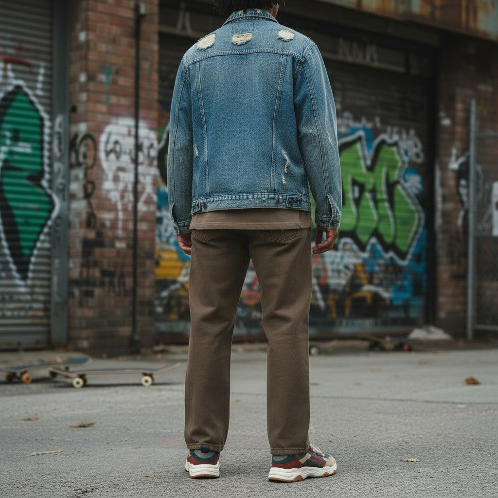 Urban Fashion & Streetwear | Craftklart brown straight leg jeans with a vintage wash worn by a man in a denim jacket.