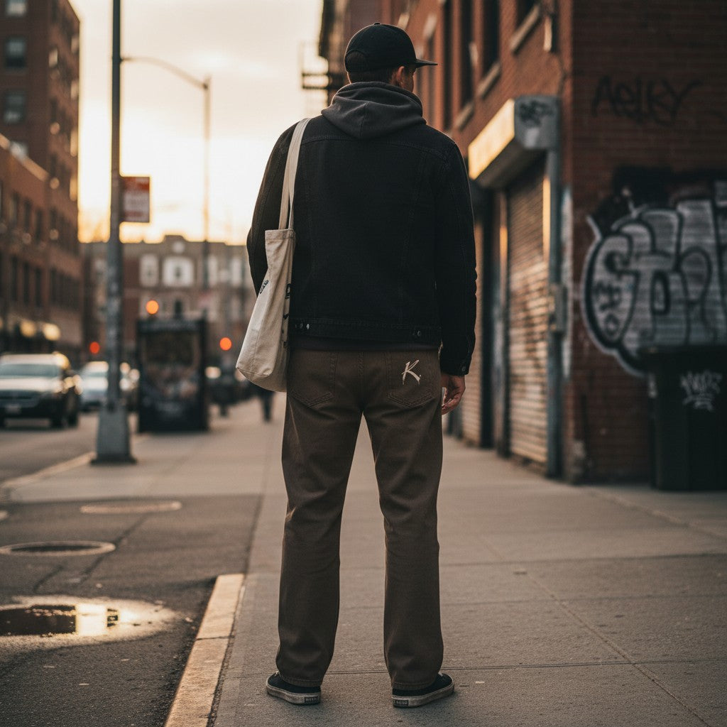 A man wearing Urban Fashion & Streetwear | Craftklart brown vintage wash straight leg jeans on a city street.