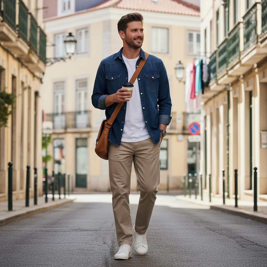 A man wearing Urban Fashion & Streetwear | Craftklart straight leg jeans in a vintage wash, styled for the city.