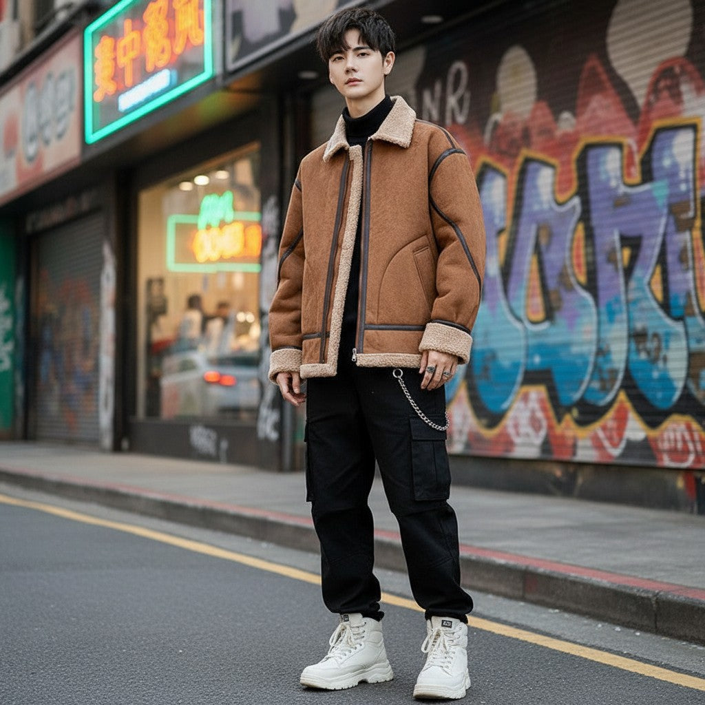 Urban Fashion & Streetwear | Craftklart brown suede jacket with fleece lining and zipper, worn by a man on a city street