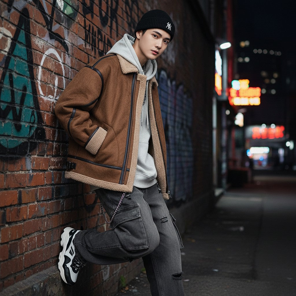 Urban Fashion & Streetwear | Craftklart brown suede hooded jacket with velvet lining worn by a man in an urban setting