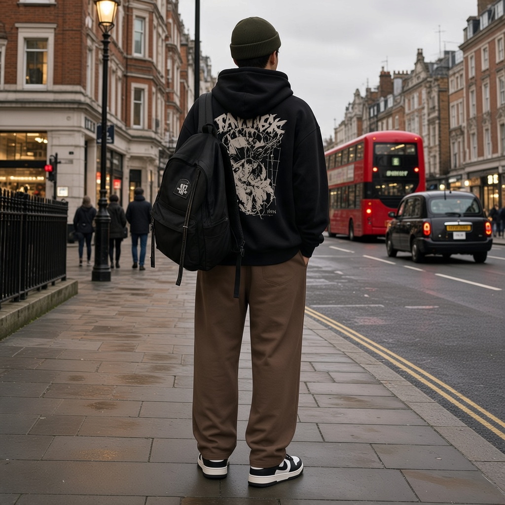 A person wearing brown straight-leg sweatpants from Urban Fashion & Streetwear | Craftklart on a London street.