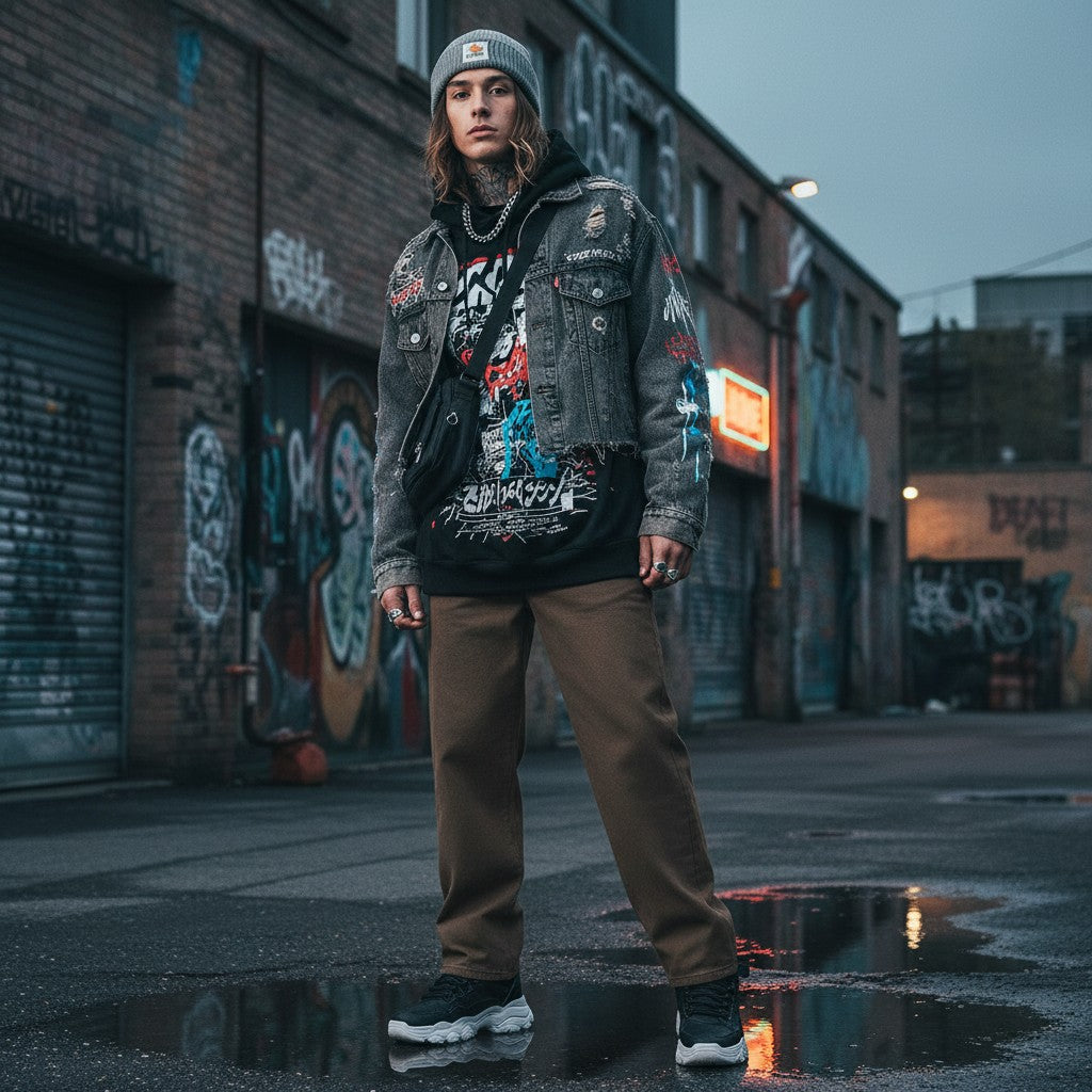 A man wearing Urban Fashion & Streetwear | Craftklart brown vintage wash straight leg cotton jeans in an urban alley.
