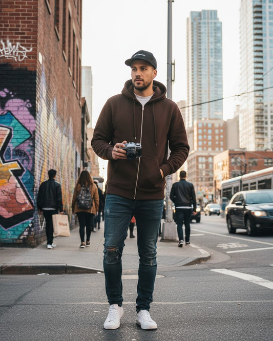 A man wearing an Urban Fashion & Streetwear | Craftklart brown fleece full zip hoodie on a city street.