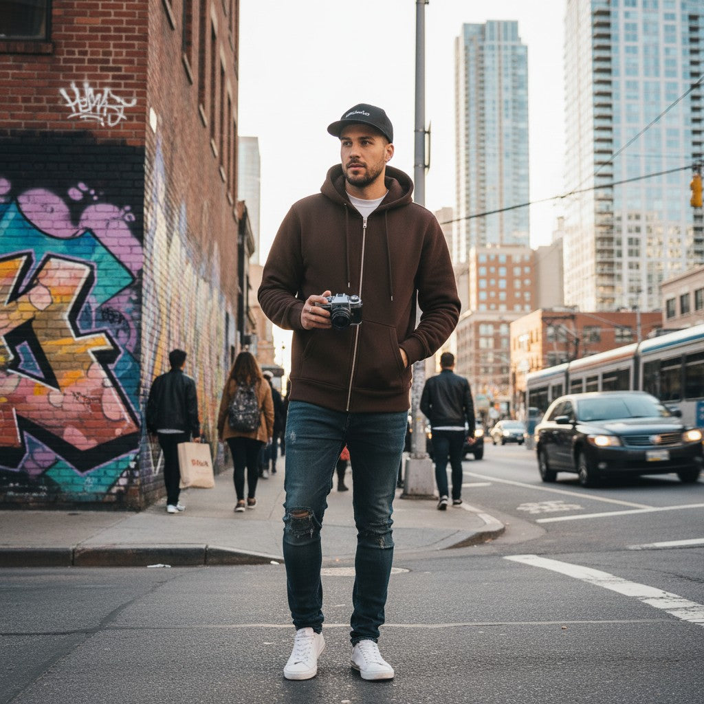 A man wearing an Urban Fashion & Streetwear | Craftklart brown fleece full zip hoodie on a city street.