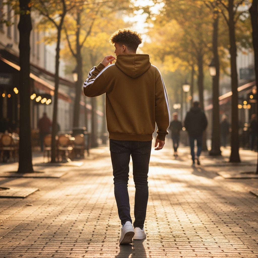 Urban Fashion & Streetwear | Craftklart brown zip-up hoodie with white sleeve stripes worn by a man on a city street.