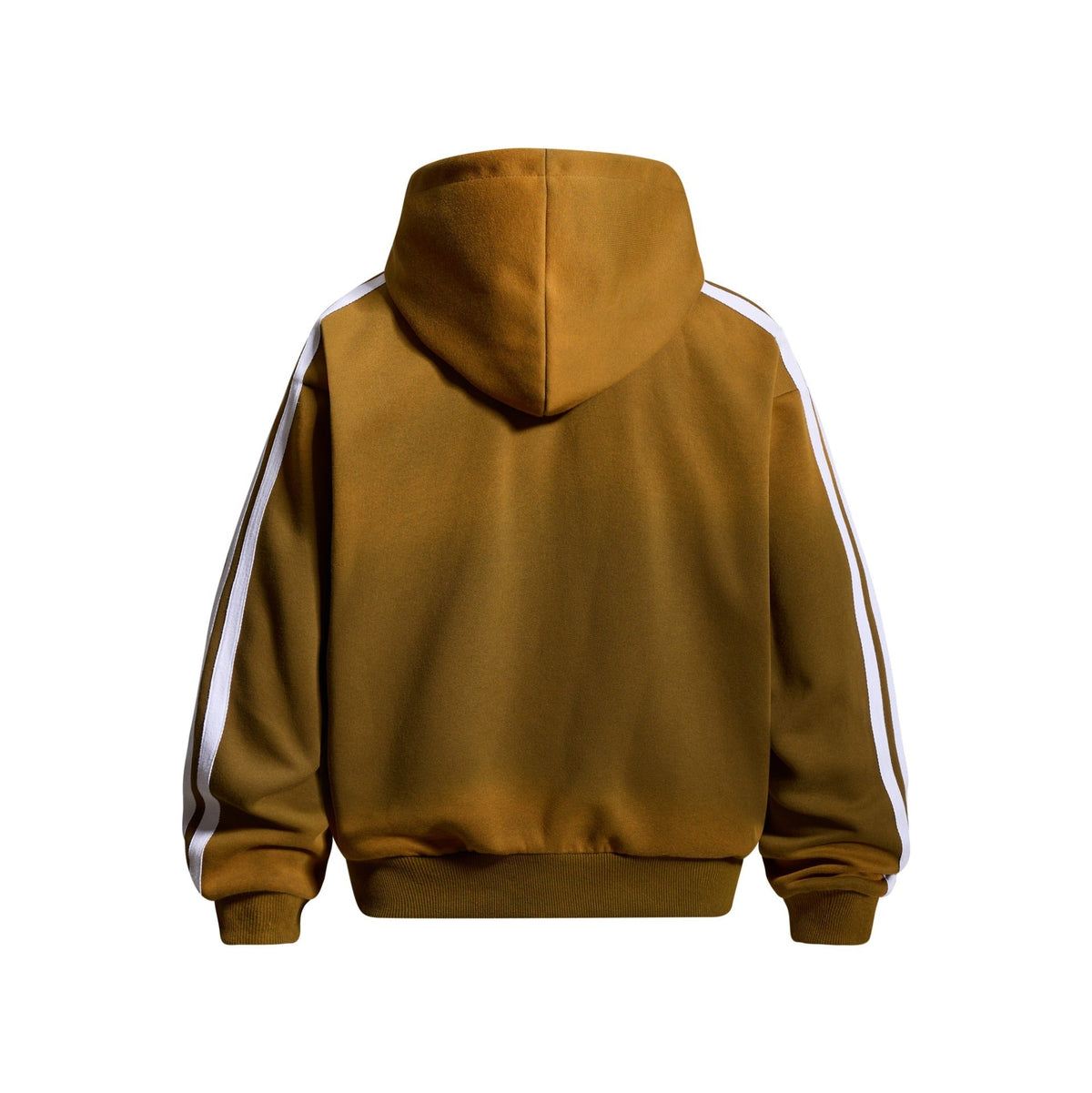 Back view of Urban Fashion & Streetwear | Craftklart brown zip-up hoodie with white side sleeve stripes