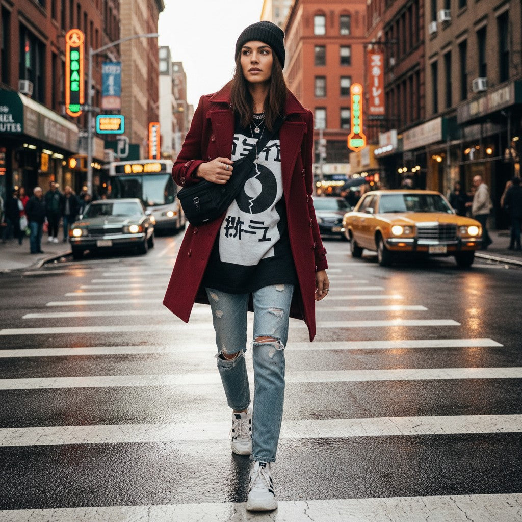 Urban Fashion & Streetwear | Craftklart woman wearing a red double-breasted trench coat over a graphic tee and jeans