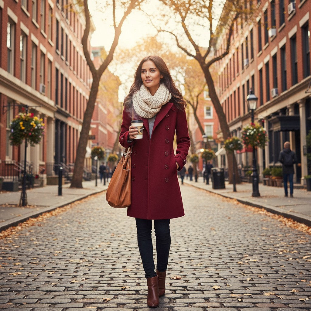 Urban Fashion & Streetwear | Craftklart woman in a burgundy double-breasted trench coat walking on a city street