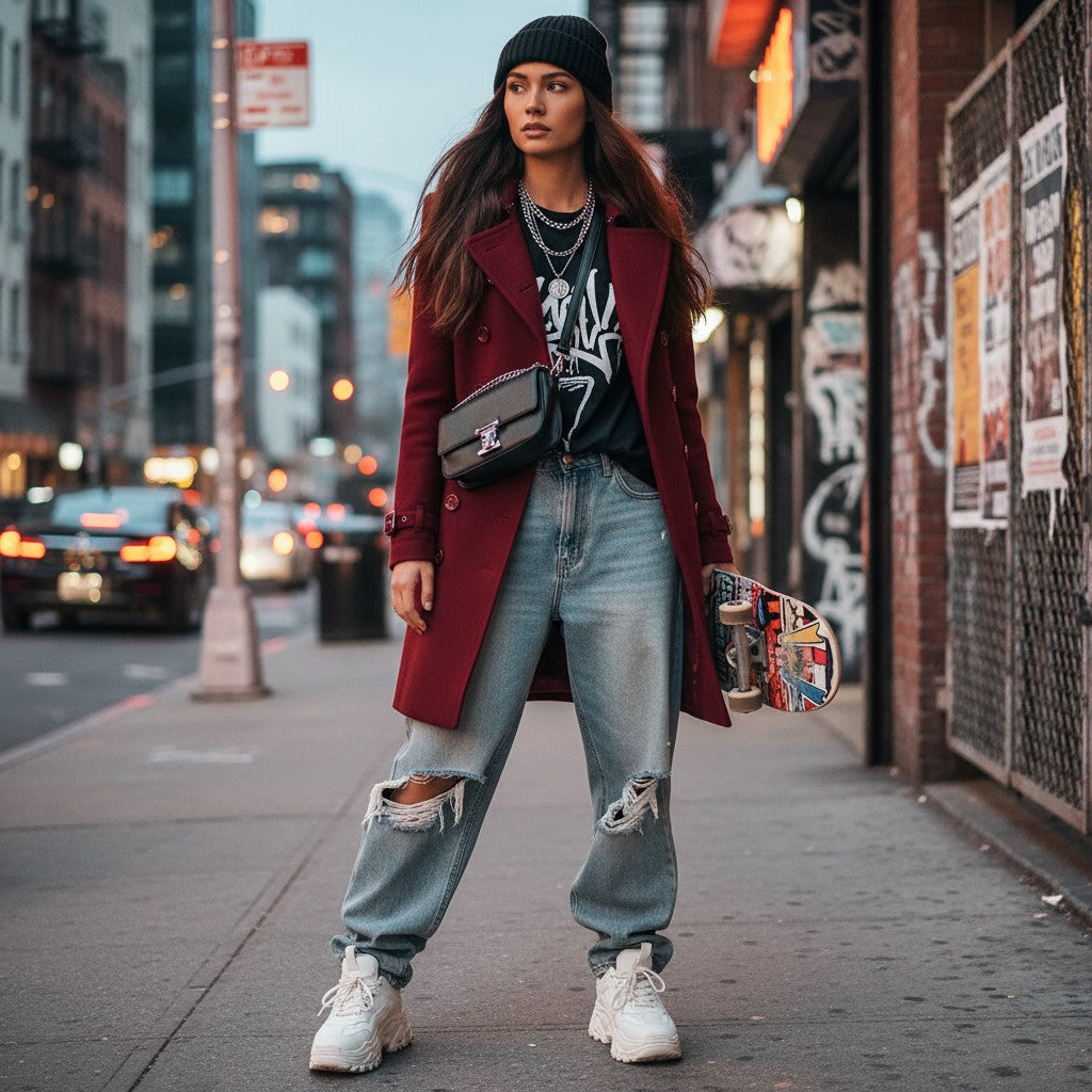 Urban Fashion & Streetwear | Craftklart burgundy double-breasted trench coat worn by a woman with a skateboard