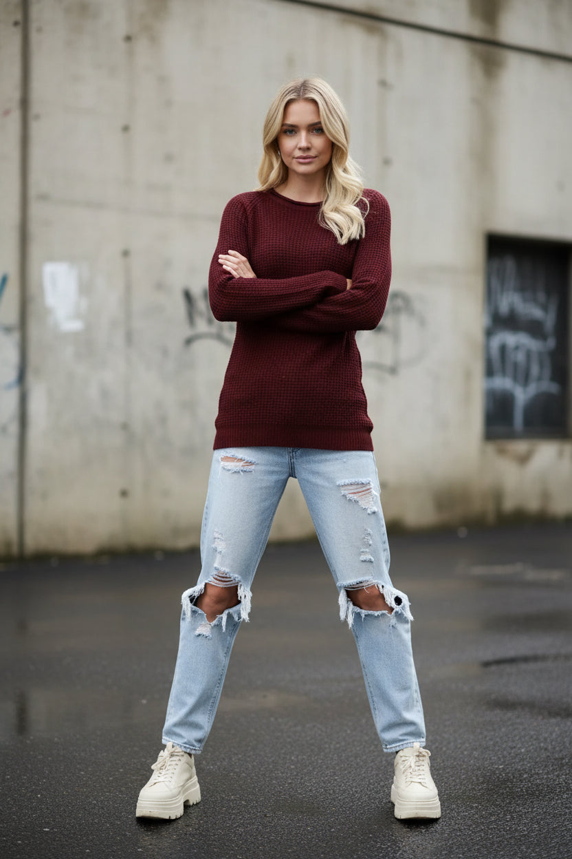 Urban Fashion & Streetwear | Craftklart burgundy waffle knit long sleeve crewneck sweater with raglan sleeves