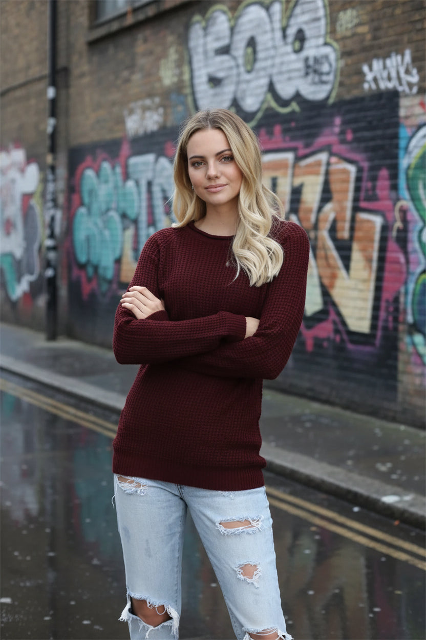 Urban Fashion & Streetwear | Craftklart burgundy waffle-knit long sleeve crewneck sweater worn with distressed jeans