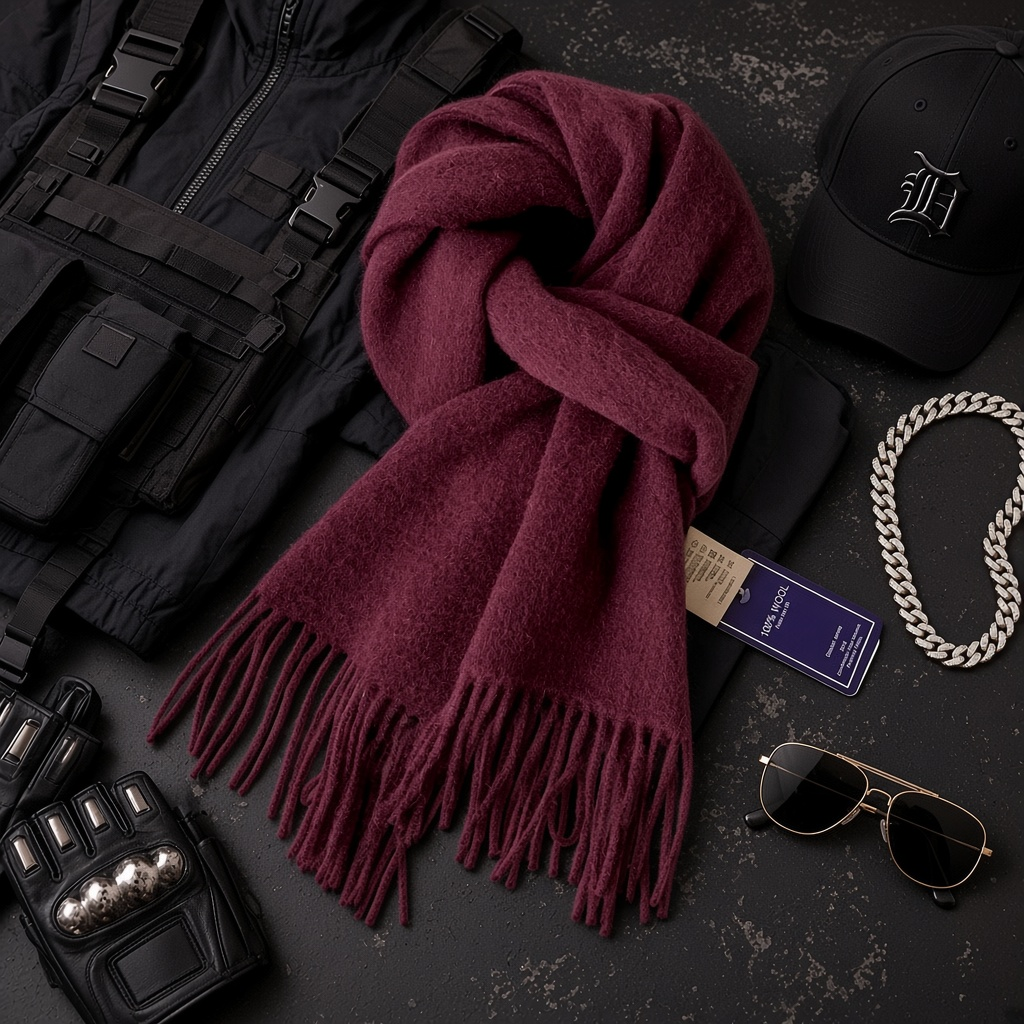 Urban Fashion & Streetwear | Craftklart premium burgundy wool scarf with fringe edges, styled with streetwear gear.