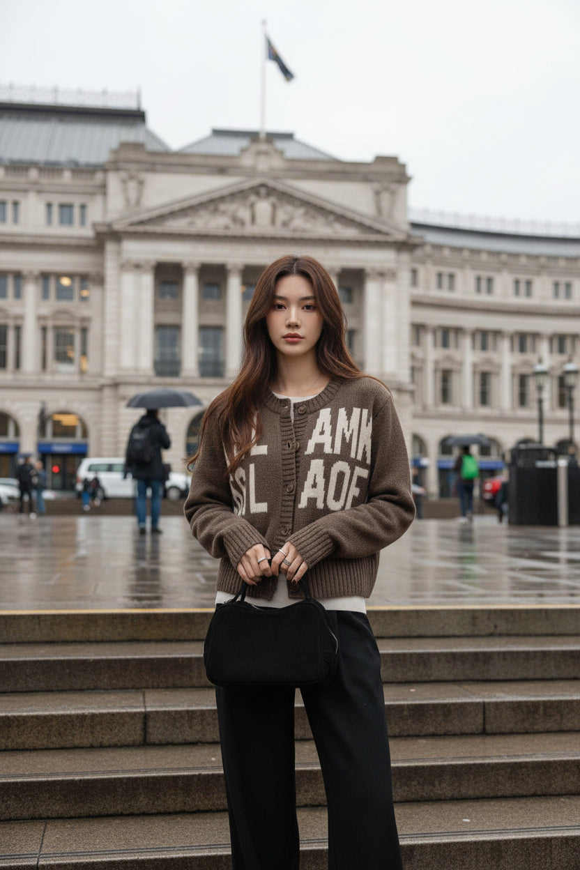 Urban Fashion & Streetwear | Craftklart camel oversized letter jacquard knit cardigan worn by a woman outdoors