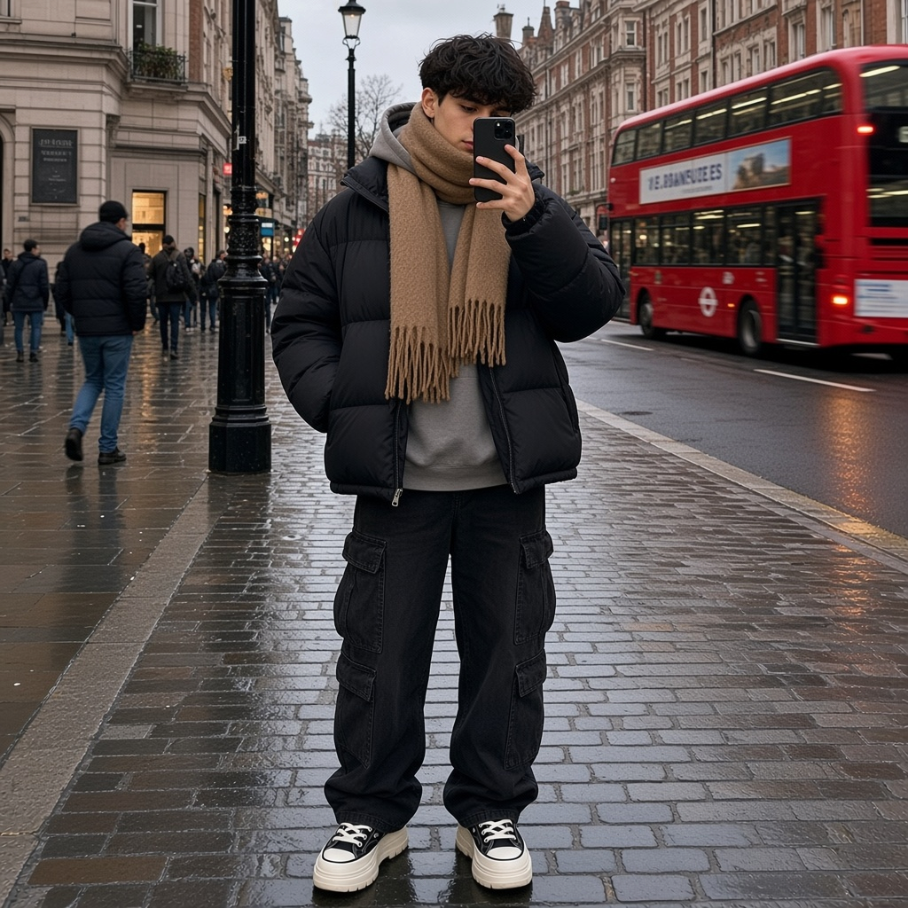 Urban Fashion & Streetwear | Craftklart premium wool winter scarf in tan with fringe detail worn by a man in London