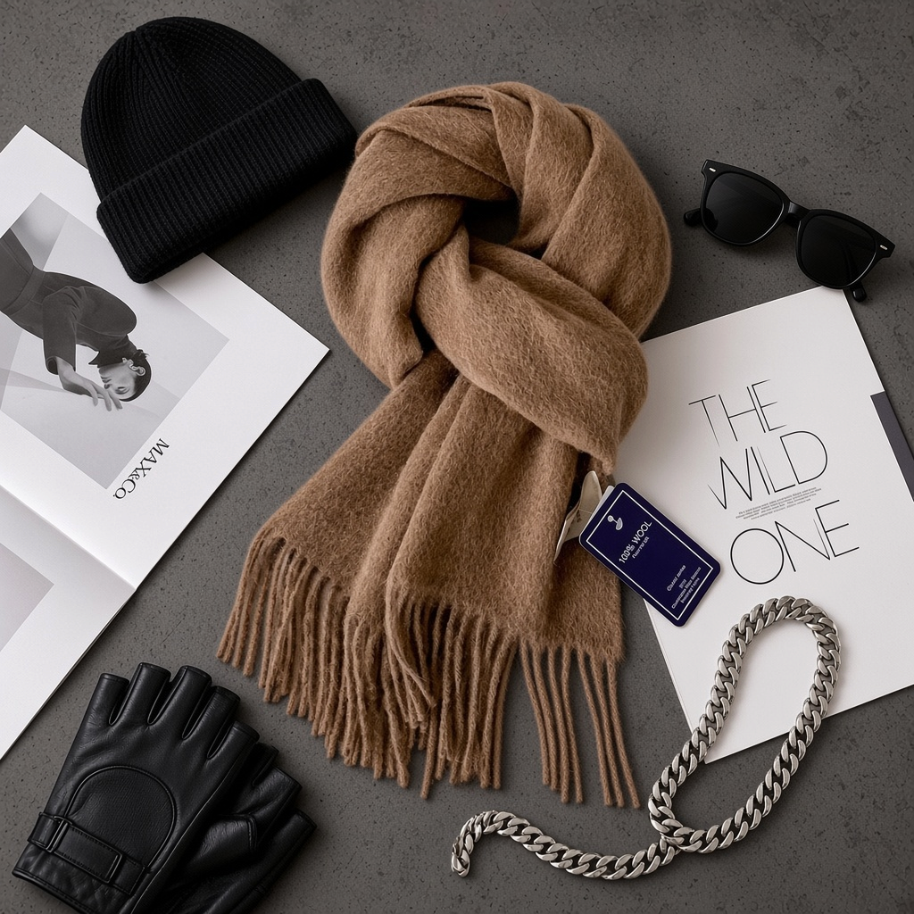 Urban Fashion & Streetwear | Craftklart premium wool scarf in camel brown with fringe, styled with winter accessories.
