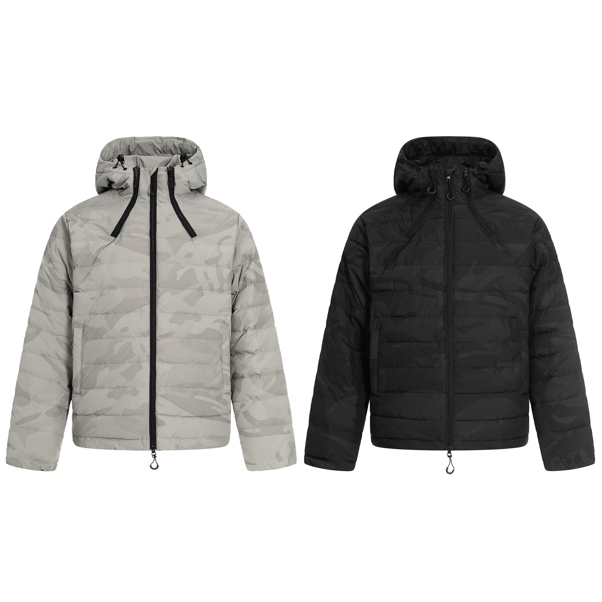 Urban Fashion & Streetwear | Craftklart lightweight polyester puffer jackets in black and gray camouflage with zippers