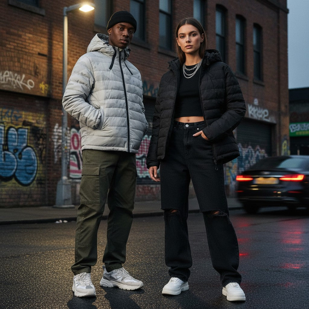 Urban Fashion & Streetwear | Craftklart models wearing black and gray camouflage lightweight puffer jackets