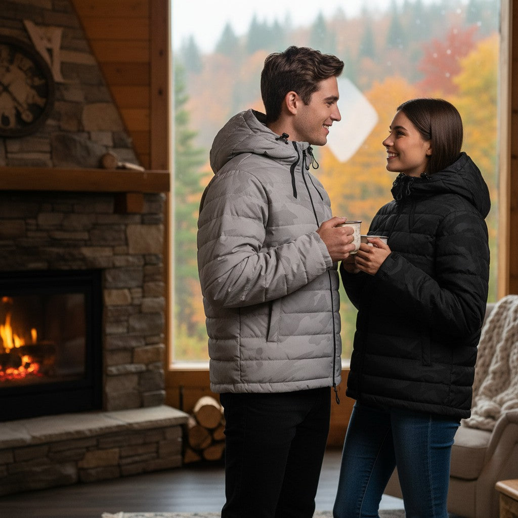 Urban Fashion & Streetwear | Craftklart couple wearing black and gray camouflage lightweight winter jackets indoors