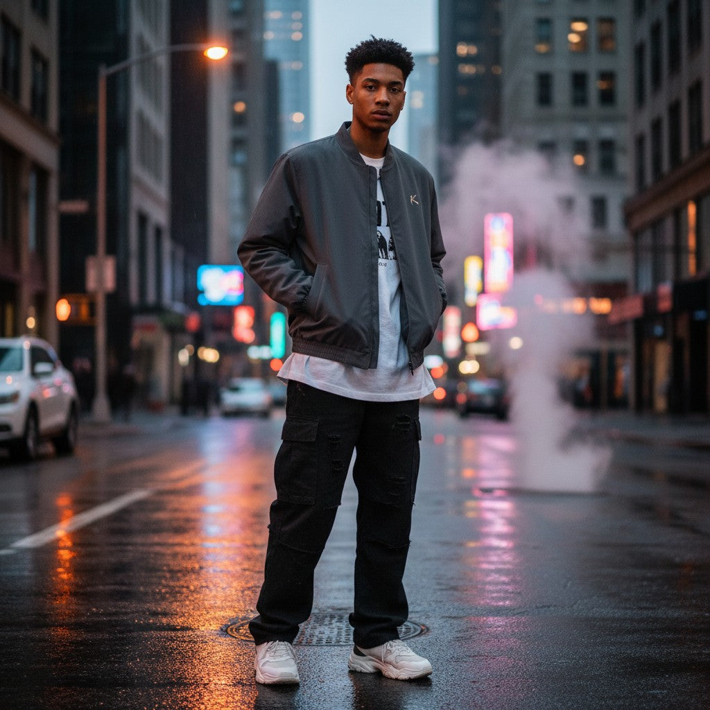 Urban Fashion & Streetwear | Craftklart bomber jacket in charcoal grey worn by a man on a city street at night