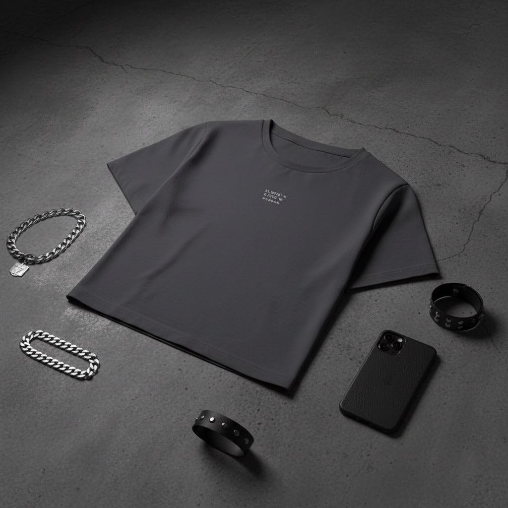 Urban Fashion & Streetwear | Craftklart charcoal grey cropped cotton crew neck t-shirt with white coordinate print
