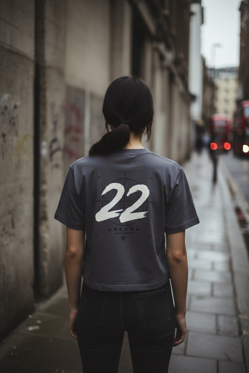 Urban Fashion & Streetwear | Craftklart charcoal grey cropped cotton t-shirt with white 22 graphic on the back