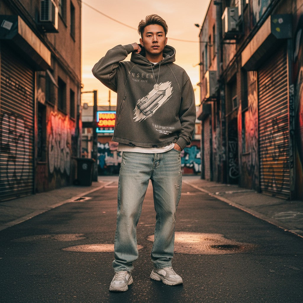 Urban Fashion & Streetwear | Craftklart charcoal vintage-wash graphic hoodie with distressed hem worn by a man
