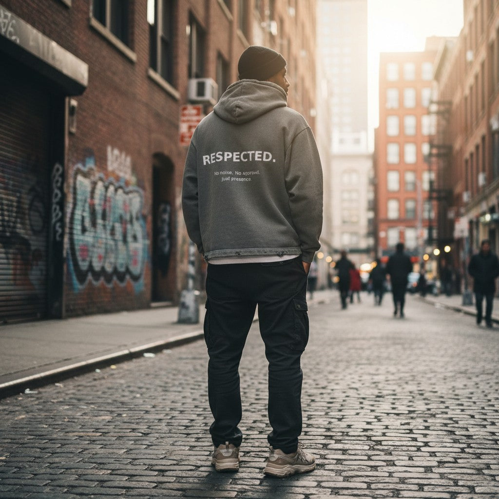 Urban Fashion & Streetwear | Craftklart charcoal graphic hoodie with Respected text on back, worn on city street.
