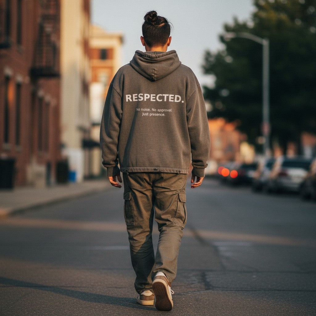 Man wearing Urban Fashion & Streetwear | Craftklart charcoal graphic hoodie with RESPEECTED text on back in city street